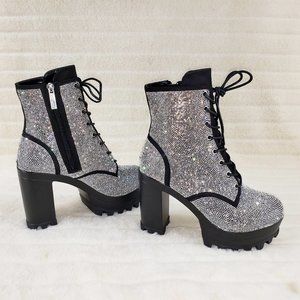 Multi Sparkle Rhinestone Lug Sole Chunky High Heel Ankle Boots